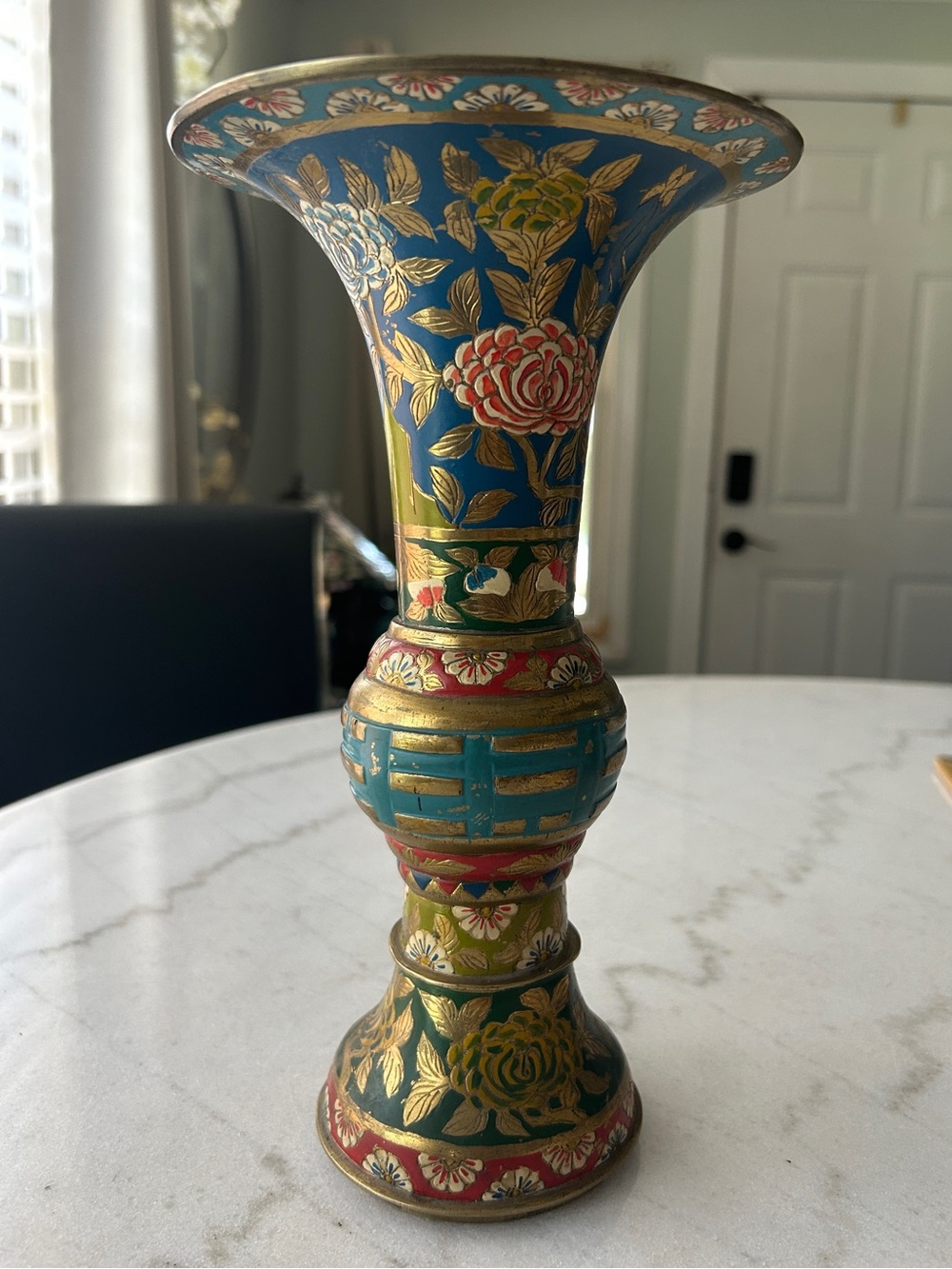 Vintage Chinese Cloisonné-Style Decorative Vase -enamel over brass